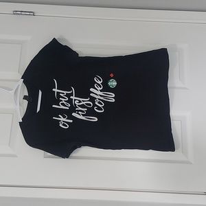 Ok but first coffee graphic tshirt, small starbucks logo on front